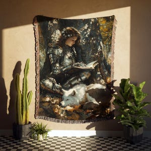 Knight & Wolf Woven Throw Blanket | Dark Cottagecore Tapestry | Medieval Blanket | Dark Academia | Gothic Home Decor | Historical Decor