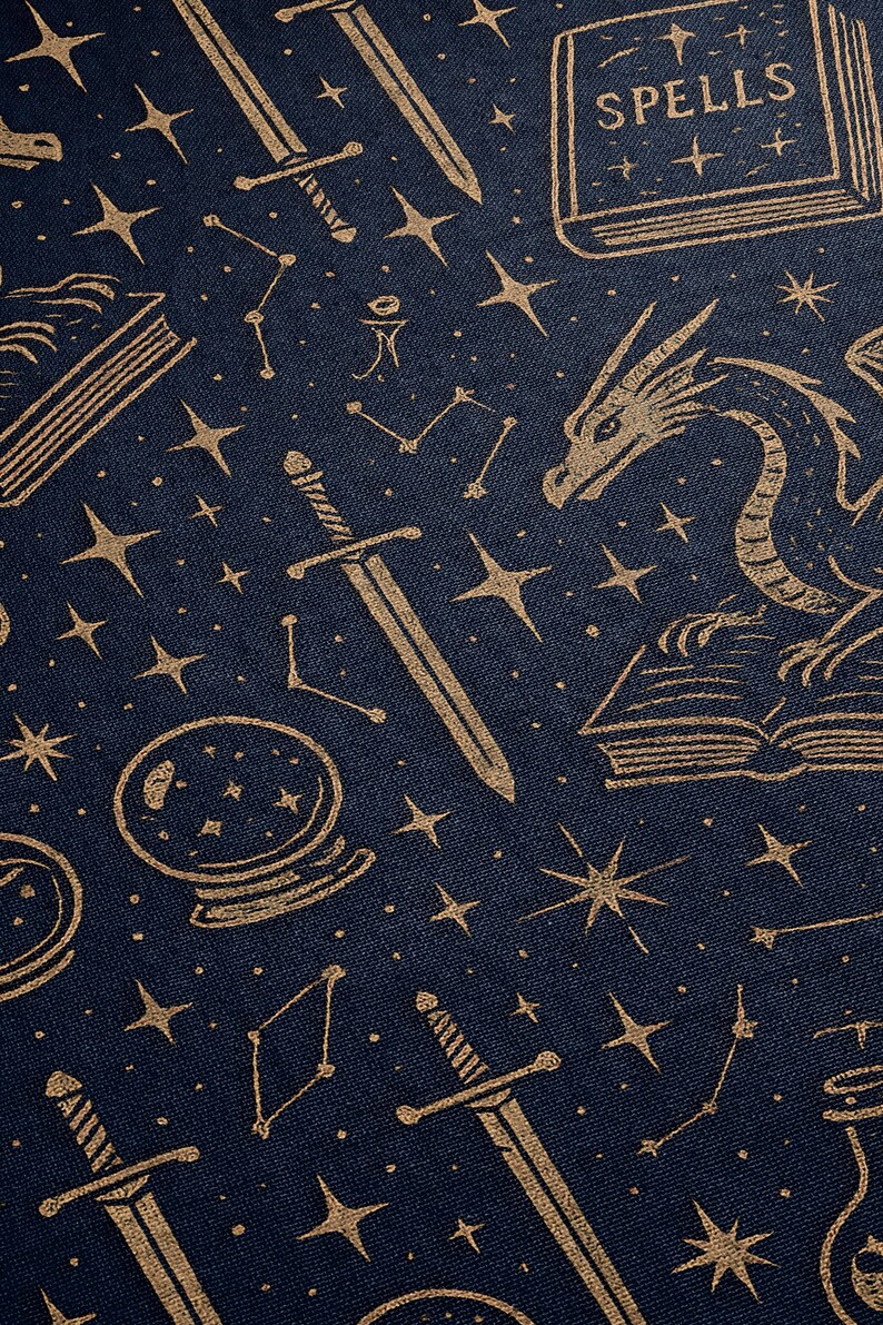 a dark blue background with gold stars and various fantasy-themed illustrations, including a sword, a dragon, a crystal ball, and a book titled "SPELLS".