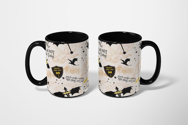 two black and white coffee mugs sitting next to each other