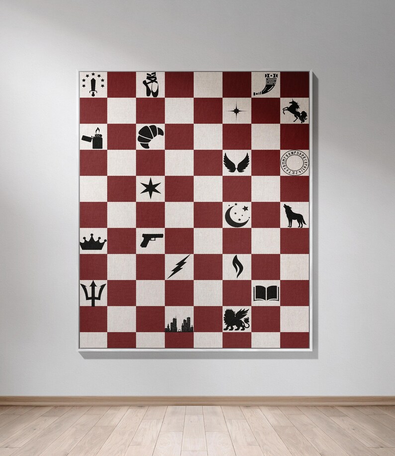 a red and white checkerboard wall hanging on a wall