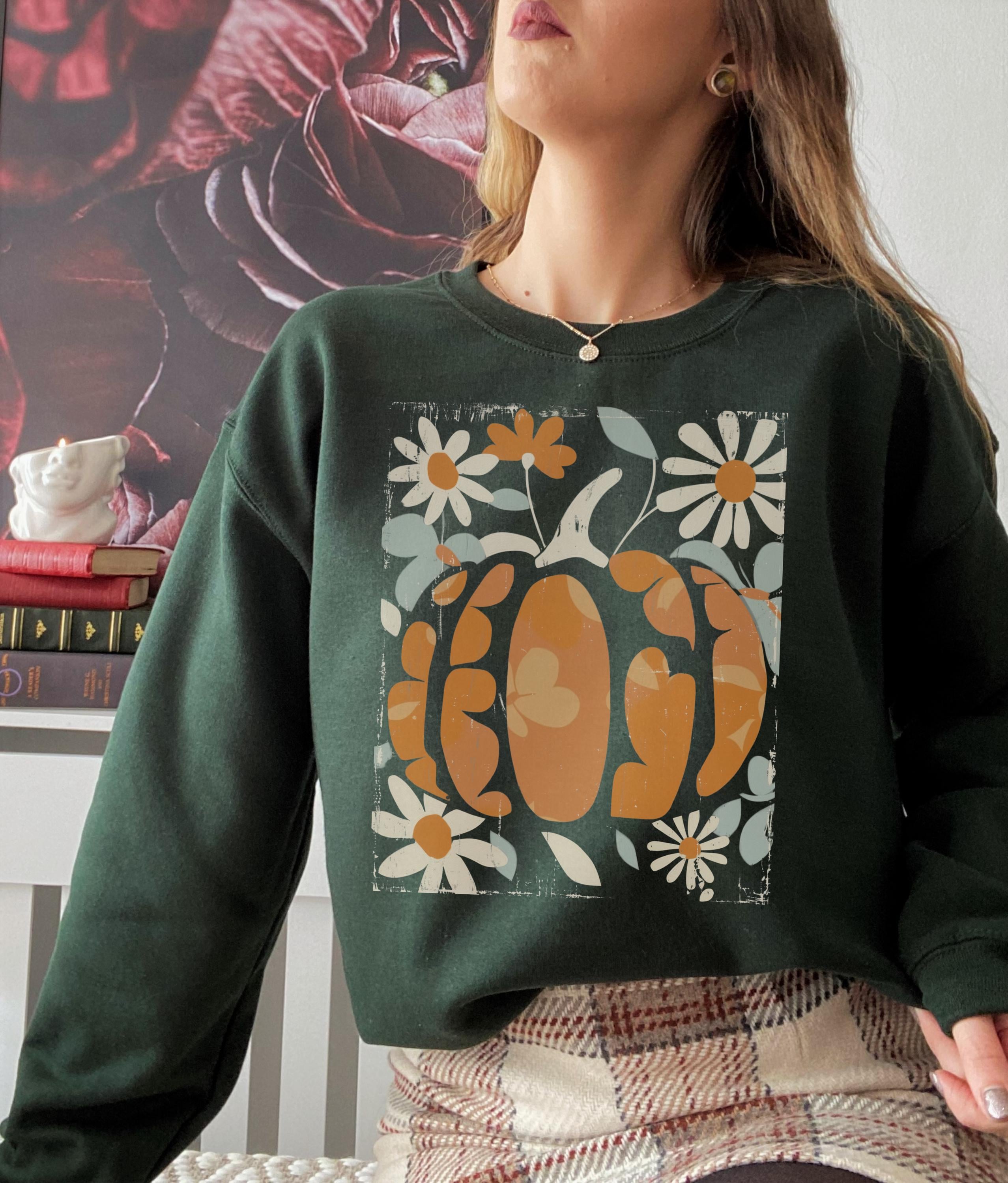Floral Kürbis Herbst Pullover Übergroße Rundhalsausschnitt Gemütliches Herbst Shirt Trendy Thanksgiving Top Herbst Vibes Outfit Süßes Herbst ästhetisches Shirt