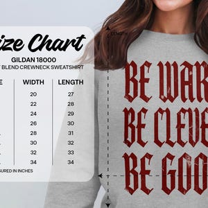 Gildan 18000 sweatshirt size chart with width and length measurements.