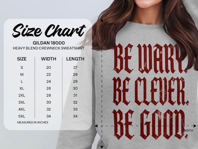 Gildan 18000 sweatshirt size chart with width and length measurements.