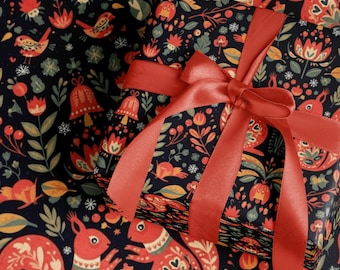 Rollo de papel de regalo navideño escandinavo, papel de regalo de arte popular nórdico, bonito embalaje navideño, papel festivo navideño con diseño de reno y caballo Dala sueco.