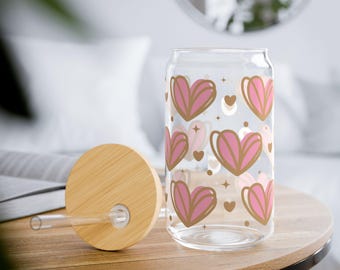 Glass iced coffee cup, iced coffee glass, Heart Glass cup, Cute Heart Cup with Lid, Glass Tumbler, Valentine's Day Gift, gift for her