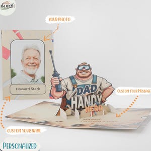 Tarjeta desplegable personalizada "Papá Manitas", tarjeta 3D con foto para el Día del Padre, regalo personalizado para "Herramienta", tarjeta 3D de cumpleaños, tarjeta de cumpleaños para "Papá Manitas"