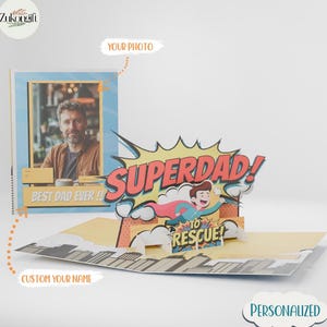 Cartão pop-up personalizado de superpai, cartão 3D com foto personalizada para o Dia dos Pais, cartão de super-herói do melhor pai de todos os tempos, presente de quadrinhos da Cutsom para o pai
