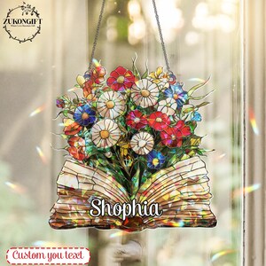 Personalized Floral Book Acrylic Window Hanging, Custom Name Book Lover decor, Gift for her, Book Club Gift, Book Reader Gifts, Magical Gift