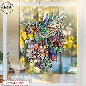 Hummingbird Window Hanging Suncatcher, Hummingbirds and Flowers Broken Glass Hologram Ornament, Perfect Gift for Women and Home Wall Decor