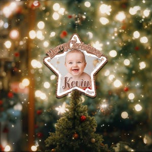 Baby First Christmas Tree Topper, Custom Photo Star Ornament, Personalized Baby Name, Wooden Christmas Decoration, Acrylic Star Newborn Gift