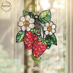 Strawberry Branch Broken Glass Hologram Ornament, Floral Window Hanging Ornament, Perfect Housewarming Gift for Nature and Berry Lovers