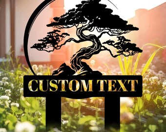 Personalized Bonsai Tree Garden Stake, Custom Metal Zen Garden Sign, Japanese Garden Marker, Asian Yard Art, Metal Garden Decor, Yard Decor