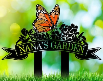Monarch Butterfly Garden Sign, Personalized Garden Name Marker, Custom Yard Art with Flowers, Mother's Day Gift, Spring Summer Garden Decor