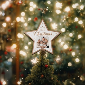 Custom Family Photo Christmas Tree Topper, Personalized Family Name Star, Wooden Christmas Tree Decoration, Acrylic Family Photo Gift