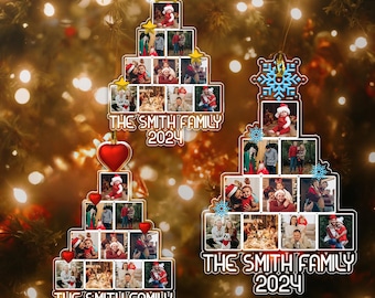 May include: Three Christmas tree ornaments with family photos. Each ornament is a different shape, with a Christmas tree, snowflake, and heart. The ornaments are decorated with gold trim and the text "The Smith Family 2024".