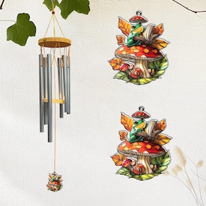Reading Frog On Mushroom Wind Chimes, Whimsical Reading Fantasy Decor, Literary Garden Window Hanging Gift for Book Lovers, Librarian Gift