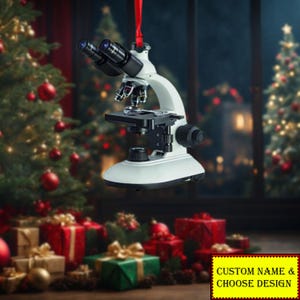 パーソナライズされた医療用顕微鏡の形をした平らな2面オーナメント、科学クリスマスオーナメント、化学オーナメント、化学愛好家のためのオーナメント