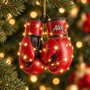 May include: A pair of red and black boxing glove ornaments hanging from a gold string. The gloves feature the name Alex printed in white script on the right glove and are wrapped in a thin wire string of small, glowing, star-shaped LED lights.