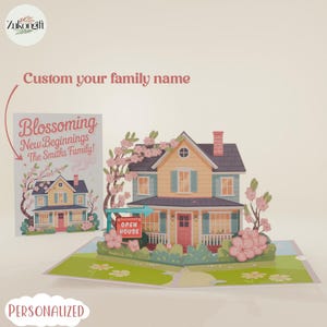 Cartão pop-up "Novos Começos em Flor", cartão 3D personalizado para inauguração de casa, cartão-presente personalizado com nome de família, cartão comemorativo, presentes para inauguração de casa