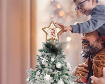 Personalized Baby Photo Christmas Tree Topper, Custom Baby Name Star, First Christmas Ornament, Baby Photo Gift, Wooden Tree Decoration