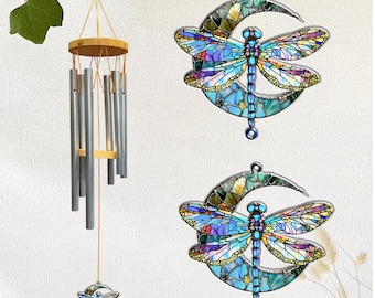 Libellule en aluminium suspendue avec carillons éoliens, carillons éoliens libellule, libellule lune suspendue à la fenêtre, décoration de jardin, cadeaux pour les amoureux de la plage