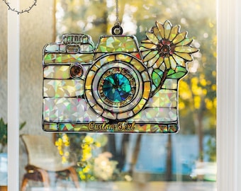 Personalized Camera Suncatcher, Custom Photographer Wall Art, Unique Photo Studio Broken Glass Hologram Ornament,Window Hanging Perfect Gift