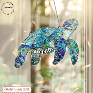 Personalized Sea Turtle Acrylic Stained Glass Window Hanging, Custom Name Turtle Acrylic, Perfect Home Decor for Turtle Lovers Beach Lovers