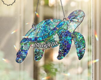 Personalisierte Meeresschildkröte Acryl Buntglas Fensterbehang, benutzerdefinierte Name Schildkröte Acryl, perfekte Wohnkultur für Schildkrötenliebhaber Strandliebhaber