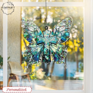 Personalized Religious Cross Acrylic Suncatcher, Faith Window Hanging Decor, Ideal Christian Gift for Baptism Broken Glass Hologram Ornament