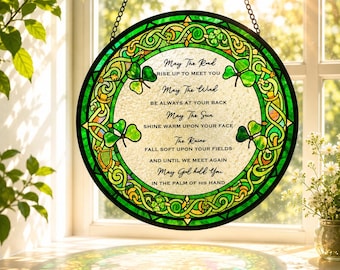 Vitral com bênção irlandesa, enfeite de janela em forma de trevo, decoração com oração celta, presente para o Dia de São Patrício.