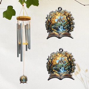 May include: A hanging wind chime with silver-colored tubes and a wooden top, alongside two decorative wall hangings. The wall hangings depict a castle scene within an open book, surrounded by trees and a waterfall.
