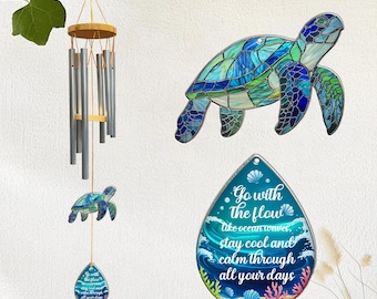 Carillons éoliens personnalisés pour tortues de mer, attrape-soleil de jardin pour tortues de mer, cadeau maman et papa, décoration de fenêtre, décoration d'intérieur pour amateurs de tortues, amateurs de plage