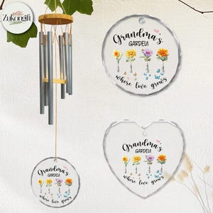 May include: Two crystal ornaments with the text "Grandma's Garden where love grows" and floral designs. One ornament is round and the other is heart-shaped.