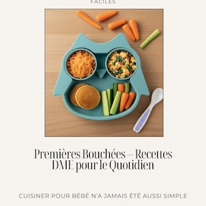 Può includere: Un piatto per bambini a forma di gufo turchese pieno di carote grattugiate, uova strapazzate, pancake, bastoncini di cetriolo e carote baby. Un cucchiaio bianco con manico viola è appoggiato di lato. Il testo recita "BÉBÉ DÉJEUNE - IDÉES DME FACILES" e "Premières Bouchées - Recettes DME pour le Quotidien".