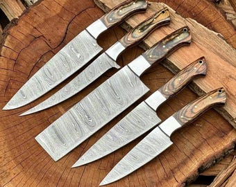 Impresionante juego de cuchillos de cocina de 5 piezas con hojas de acero de Damasco y un hermoso mango. Juego de cuchillos de chef profesional. Regalo de Acción de Gracias y Navidad.