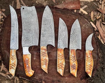 Hand Forged Damascus Chef Set, Handmade Kitchen knife, Damascus Chef knives, Cooking knife, Kitchen knives, Anniversary & Birthday gift USA