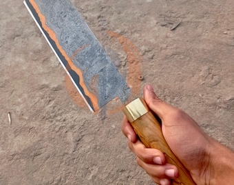 Handmade Copper Damascus Chef Knife: Pakka Wood Handle, Brass Bolster