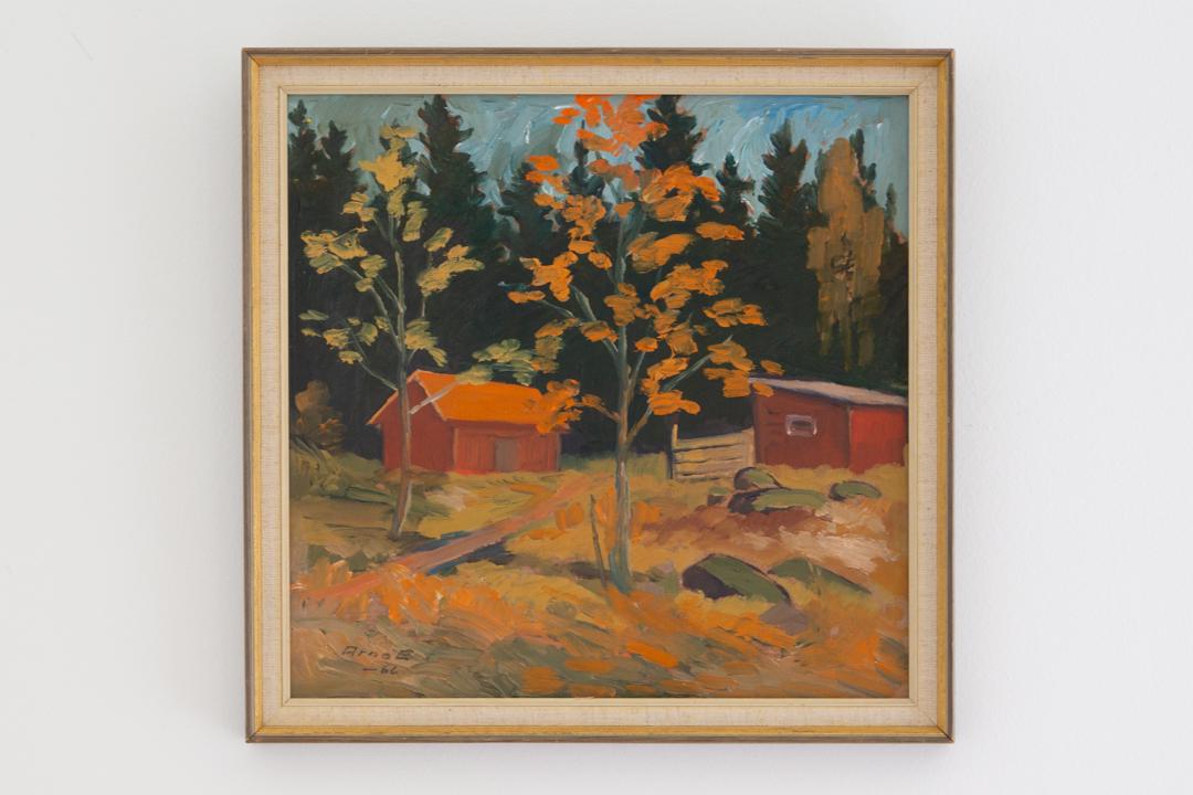 1966 Vintage Mid-Century Original Modernist Style Expressive Landscape - 'Autumn on the Farm' - Swedish Oil Painting, Framed Wall Art