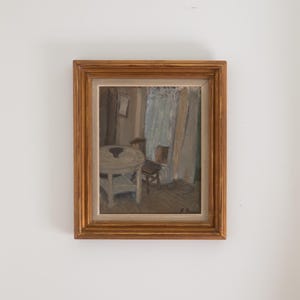 1942 Vintage Oil Painting: &#39;Vintage Interior Scene&#39; Framed Art