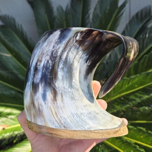 Polished Ox Horn Mug - Cow Horn Mug with wood base/bottom measuring 5 inches tall