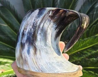 Polished Ox Horn Mug – Medieval Viking Mug, Wood Base (5 inches)