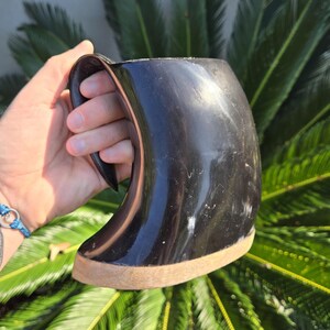 Polished Buffalo Horn Mug with wood base/bottom measuring 5 inches tall