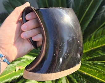 Polished Buffalo Horn Mug with wood base/bottom measuring 5 inches tall