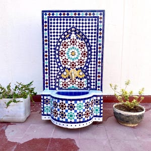 Handmade Moroccan Mosaic Fountain – Zellige Tile Wall-Mounted Water Feature for Patio, Garden, or Courtyard – Indoor/Outdoor Water Fountain