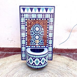Moroccan Mosaic Water Fountain – Artisan Wall-Mounted Fountain – Handcrafted Water Feature for Garden, Patio, or Home Entry