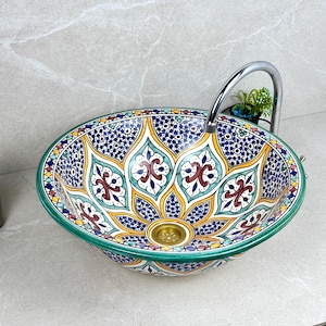 Wykonana ręcznie marokańska ceramiczna umywalka nablatowa – ręcznie wykonana okrągła umywalka nablatowa do łazienki lub na umywalkę – elegancka ceramiczna miska