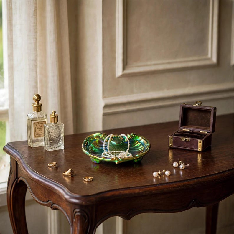 Peut inclure: Un vide-poche en forme de coquillage aux reflets verts iris&eacute;s contenant un collier de perles blanches, accompagn&eacute; de deux flacons de parfum en verre, trois bagues dor&eacute;es, une paire de boucles d'oreilles perles et une petite bo&icirc;te &agrave; bijoux en bois.
