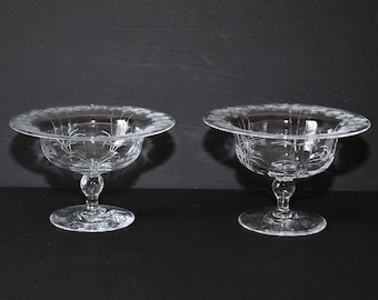 Vintage Engraved Cut Clear Glass Compote, Pair