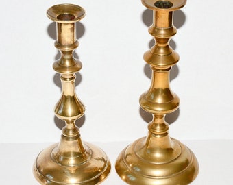 Antique Victorian Brass Candlestick Holders with Round Bases, Odd Pair