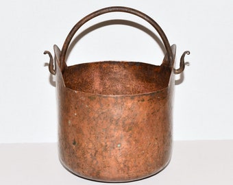 Antique Copper Cauldron Apple Butter Pot with Wrought Iron Swing Handle